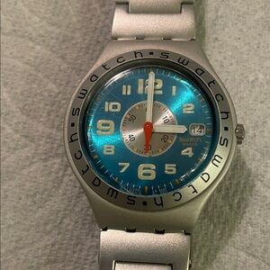 Swatch Metallic Silver and Vibrant Blue Watch